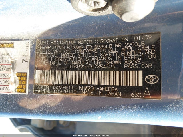 Продажа на аукционе авто 2009 Toyota Prius, vin: JTDKB20U097884723, номер лота: 46044796