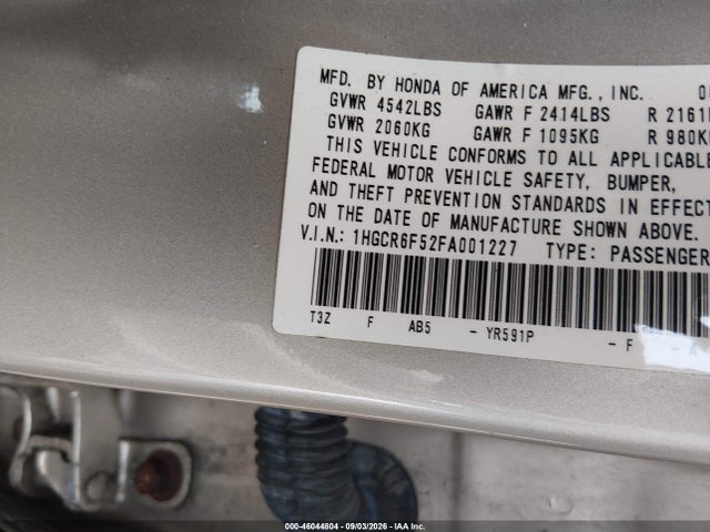 Продажа на аукционе авто 2015 Honda Accord Hybrid Ex-l, vin: 1HGCR6F52FA001227, номер лота: 46044804