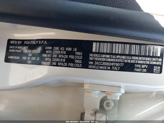 46044808 :رقم المزاد ، ZACCJBBB2HPF90177 vin ، 2017 Jeep Renegade Latitude 4x4 مزاد بيع