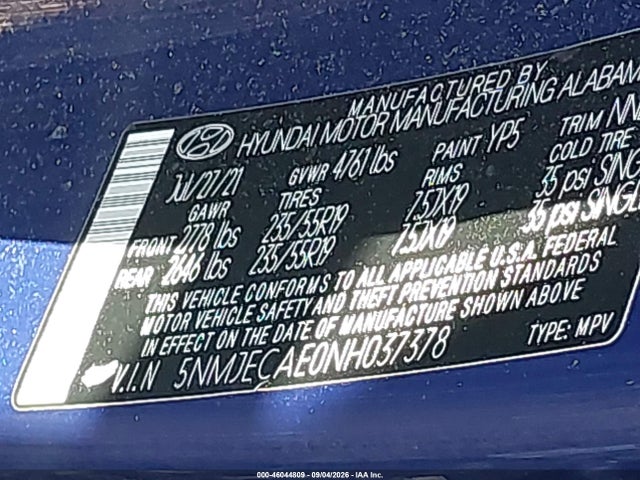 Продаж на аукціоні авто 2022 Hyundai Tucson Limited, vin: 5NMJECAE0NH037378, номер лоту: 46044809