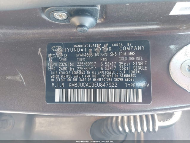 Продажа на аукционе авто 2014 Hyundai Tucson Se, vin: KM8JUCAG3EU847922, номер лота: 46044812