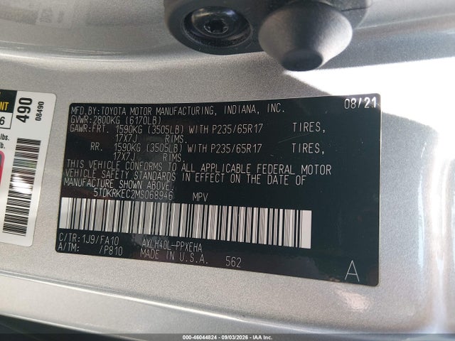Aukcja sprzedaży 2021 Toyota Sienna Le, vin: 5TDKRKEC2MS068946, numer aukcji: 46044824