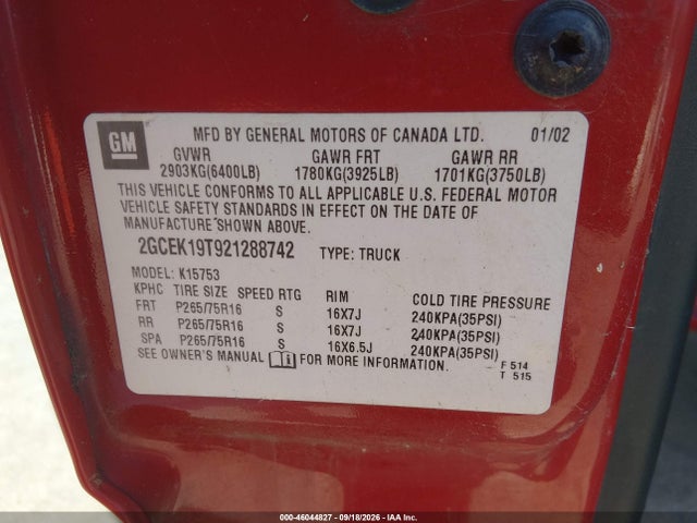 46044827 :رقم المزاد ، 2GCEK19T921288742 vin ، 2002 Chevrolet Silverado 1500 Ls مزاد بيع