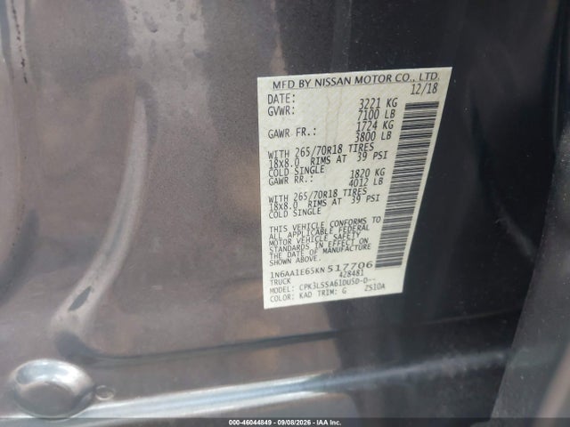 46044849 :رقم المزاد ، 1N6AA1E65KN517706 vin ، 2019 Nissan Titan Sv مزاد بيع