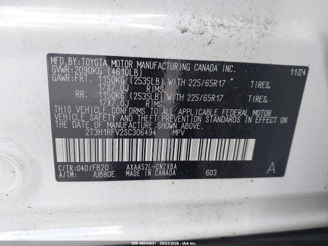 Aukcja sprzedaży 2025 Toyota Rav4 Le, vin: 2T3H1RFV2SC306494, numer aukcji: 46044851