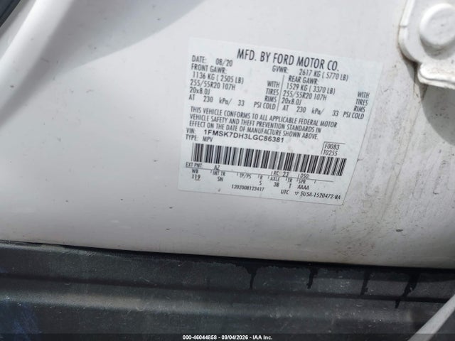 46044858 :رقم المزاد ، 1FMSK7DH3LGC86381 vin ، 2020 Ford Explorer Xlt مزاد بيع