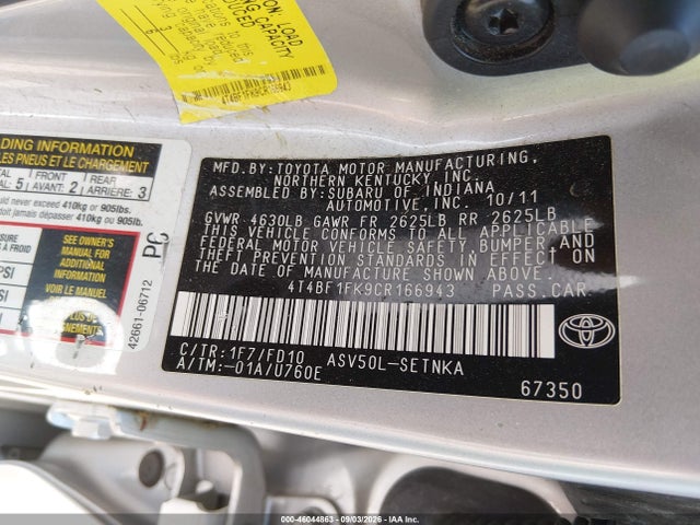 Aukcja sprzedaży 2012 Toyota Camry Le, vin: 4T4BF1FK9CR166943, numer aukcji: 46044863