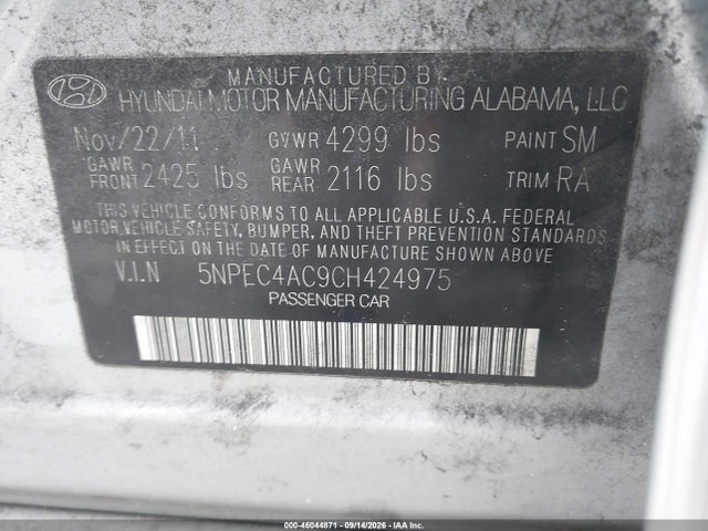 Продаж на аукціоні авто 2012 Hyundai Sonata Se, vin: 5NPEC4AC9CH424975, номер лоту: 46044871