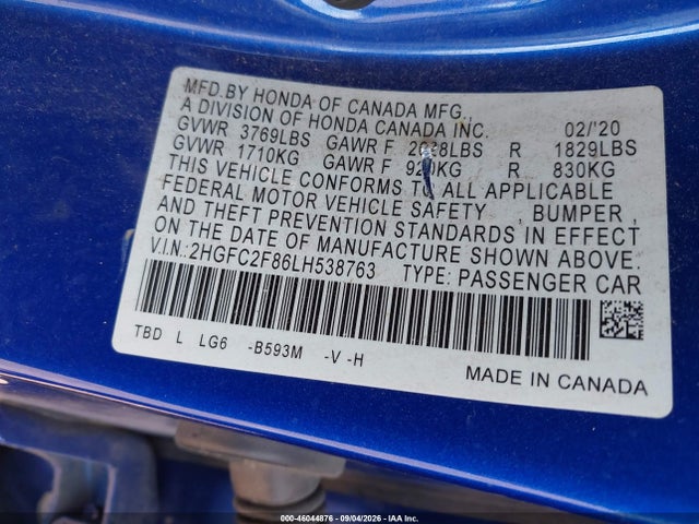 Auction sale of the 2020 Honda Civic Sport, vin: 2HGFC2F86LH538763, lot number: 46044876