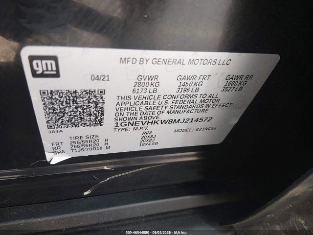 2021 Chevrolet Traverse Awd Lt Leather მანქანა იყიდება აუქციონზე, vin: 1GNEVHKW8MJ214572, აუქციონის ნომერი: 46044880