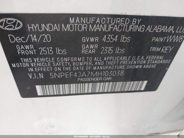 46044886 :رقم المزاد ، 5NPEF4JA7MH103038 vin ، 2021 Hyundai Sonata Sel مزاد بيع