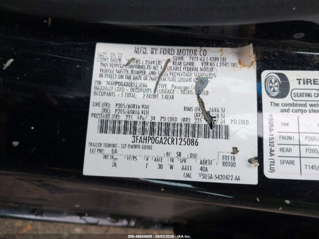 Aukcja sprzedaży 2012 Ford Fusion S, vin: 3FAHP0GA2CR125086, numer aukcji: 46044889