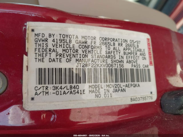 1997 Toyota Camry Xle V6 მანქანა იყიდება აუქციონზე, vin: JT2BF22KXV0067156, აუქციონის ნომერი: 46044901
