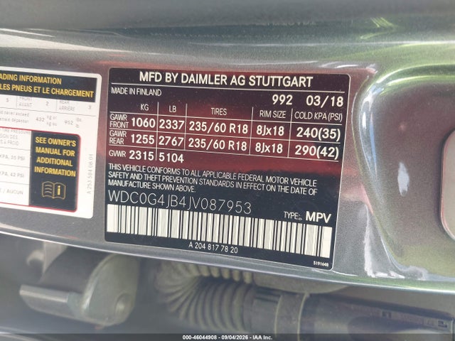 46044908 :رقم المزاد ، WDC0G4JB4JV087953 vin ، 2018 Mercedes-benz Glc 300 مزاد بيع