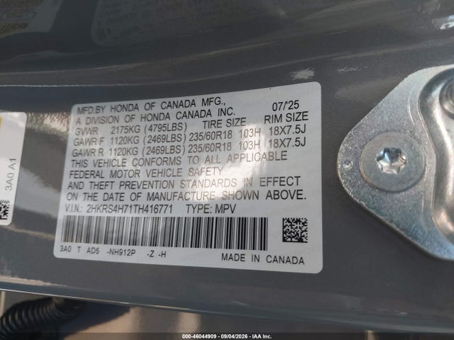 2026 Honda Cr-v Ex-l Awd მანქანა იყიდება აუქციონზე, vin: 2HKRS4H71TH416771, აუქციონის ნომერი: 46044909