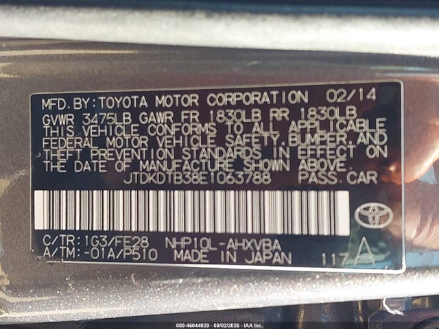 2014 Toyota Prius C One მანქანა იყიდება აუქციონზე, vin: JTDKDTB38E1063788, აუქციონის ნომერი: 46044929