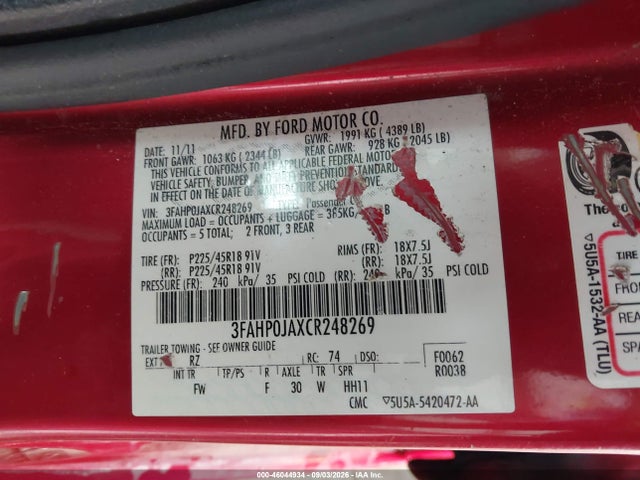 Aukcja sprzedaży 2012 Ford Fusion Sel, vin: 3FAHP0JAXCR248269, numer aukcji: 46044934