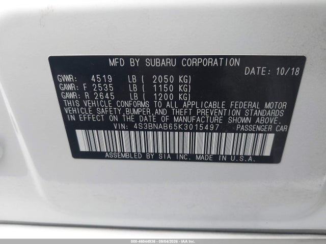46044936 :رقم المزاد ، 4S3BNAB65K3015497 vin ، 2019 Subaru Legacy 2.5i مزاد بيع