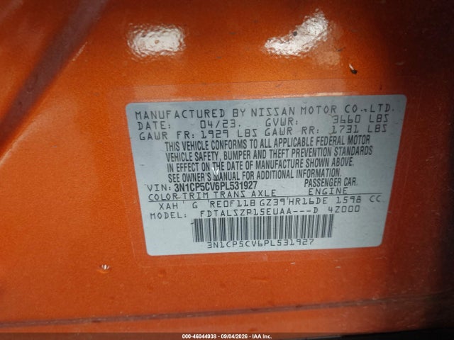 Aukcja sprzedaży 2023 Nissan Kicks Sv Xtronic Cvt, vin: 3N1CP5CV6PL531927, numer aukcji: 46044938