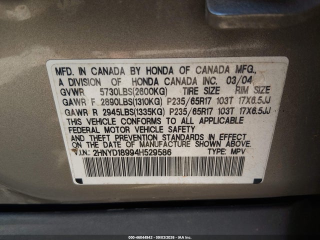 2004 Acura Mdx მანქანა იყიდება აუქციონზე, vin: 2HNYD18994H529586, აუქციონის ნომერი: 46044942