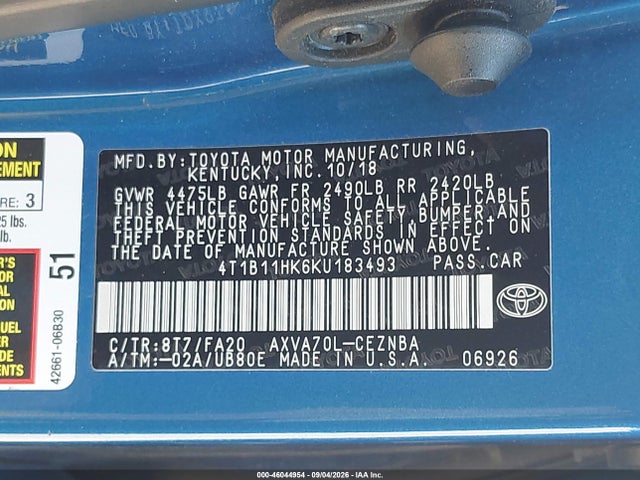 Auction sale of the 2019 Toyota Camry Le, vin: 4T1B11HK6KU183493, lot number: 46044954