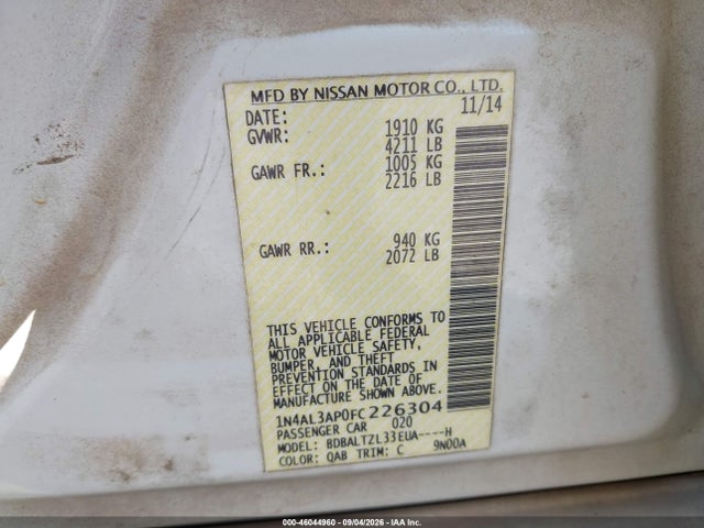 Продаж на аукціоні авто 2015 Nissan Altima 2.5 Sl, vin: 1N4AL3AP0FC226304, номер лоту: 46044960