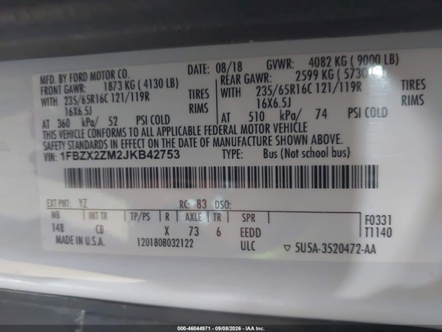 46044971 :رقم المزاد ، 1FBZX2ZM2JKB42753 vin ، 2018 Ford Transit-350 Xl مزاد بيع