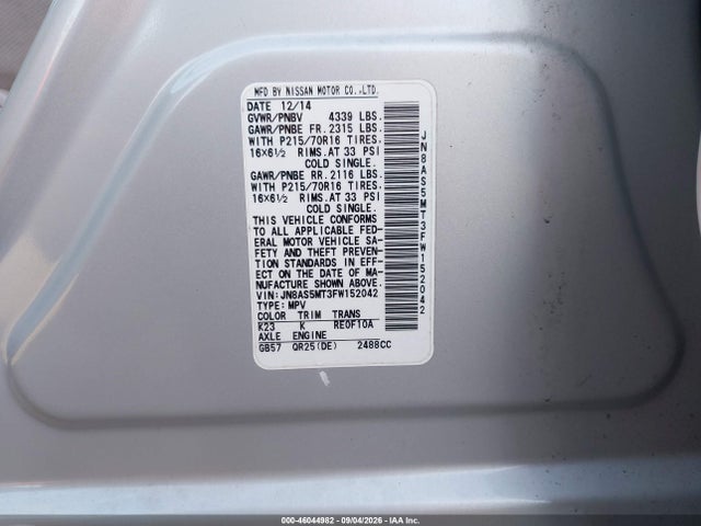 JN8AS5MT3FW152042 Nissan Rogue Select S