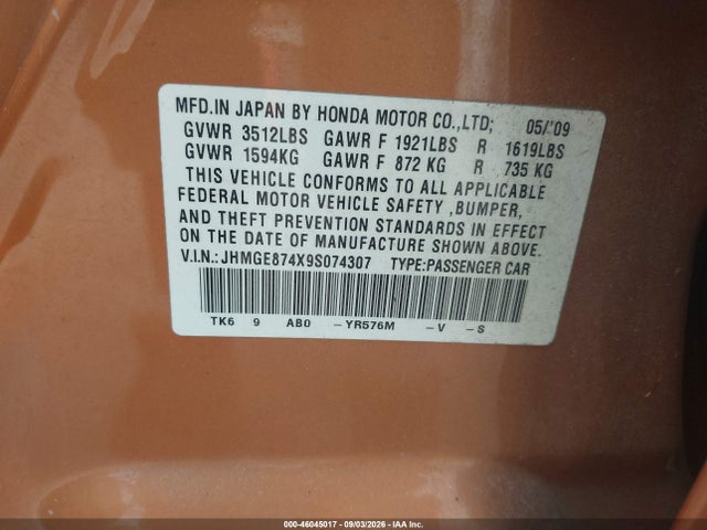 Aukcja sprzedaży 2009 Honda Fit Sport, vin: JHMGE874X9S074307, numer aukcji: 46045017