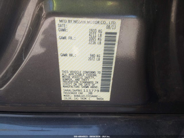 2014 Nissan Altima 2.5 Sv მანქანა იყიდება აუქციონზე, vin: 1N4AL3AP9EC115779, აუქციონის ნომერი: 46045023