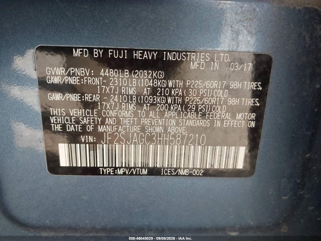 Продаж на аукціоні авто 2017 Subaru Forester 2.5i Premium, vin: JF2SJAGC3HH587210, номер лоту: 46045029