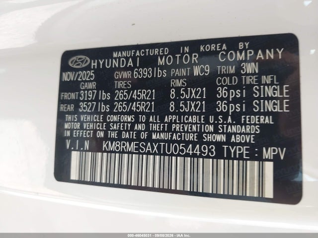 Aukcja sprzedaży 2026 Hyundai Palisade Hev Calligraphy, vin: KM8RMESAXTU054493, numer aukcji: 46045031
