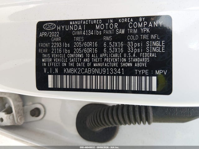 Aukcja sprzedaży 2022 Hyundai Kona Se, vin: KM8K2CAB9NU913341, numer aukcji: 46045032
