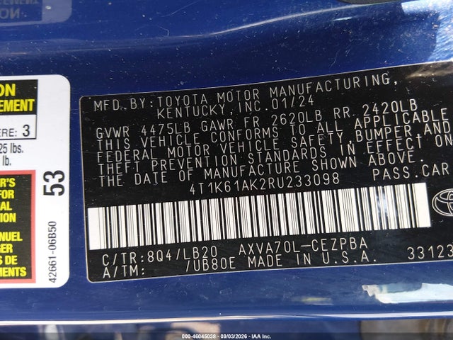 46045038 :رقم المزاد ، 4T1K61AK2RU233098 vin ، 2024 Toyota Camry Xse مزاد بيع