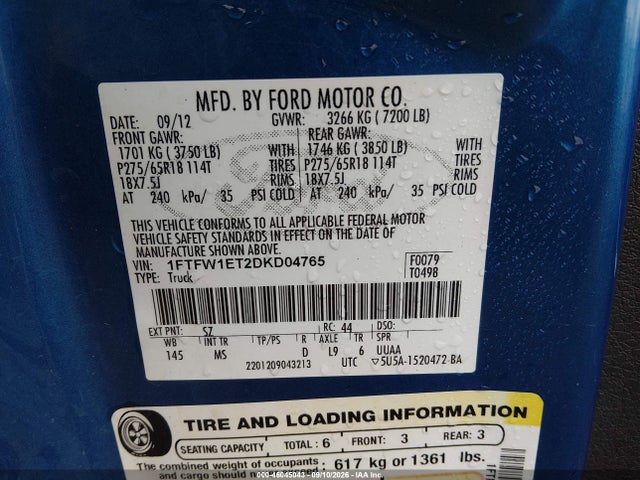 2013 Ford F-150 Xlt მანქანა იყიდება აუქციონზე, vin: 1FTFW1ET2DKD04765, აუქციონის ნომერი: 46045043