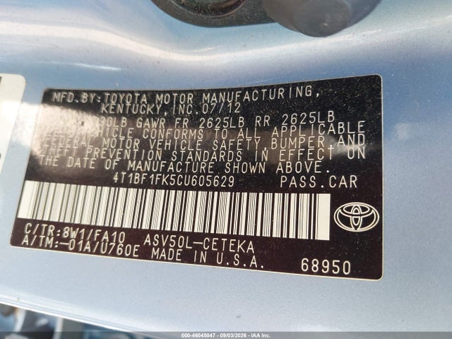 Aukcja sprzedaży 2012 Toyota Camry L, vin: 4T1BF1FK5CU605629, numer aukcji: 46045047
