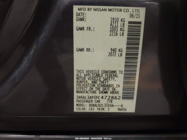 Nissan Altima 2.5 Sl 2015 1N4AL3AP3FC472862 Image 9