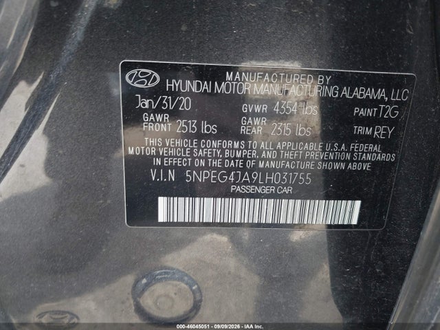 2020 Hyundai Sonata Se მანქანა იყიდება აუქციონზე, vin: 5NPEG4JA9LH031755, აუქციონის ნომერი: 46045051