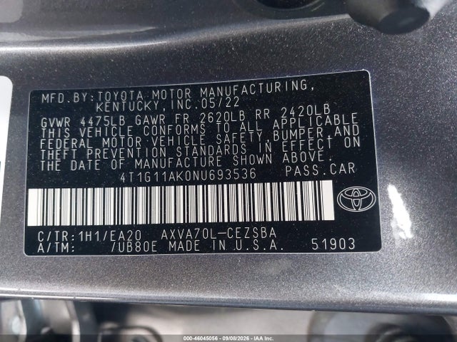 Продаж на аукціоні авто 2022 Toyota Camry Se, vin: 4T1G11AK0NU693536, номер лоту: 46045056