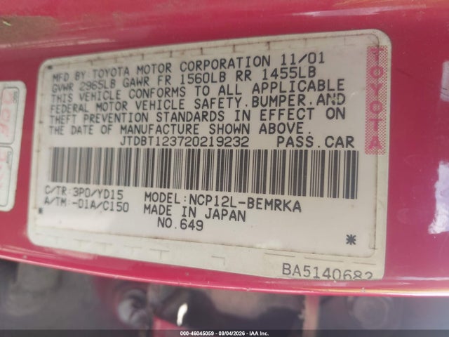 46045059 :رقم المزاد ، JTDBT123720219232 vin ، 2002 Toyota Echo مزاد بيع