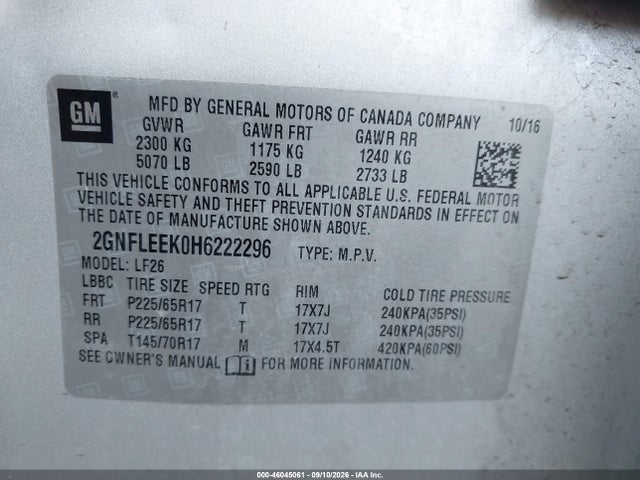 Продаж на аукціоні авто 2017 Chevrolet Equinox Ls, vin: 2GNFLEEK0H6222296, номер лоту: 46045061