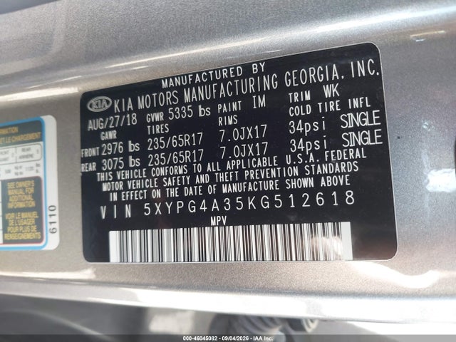 Aukcja sprzedaży 2019 Kia Sorento 2.4l Lx, vin: 5XYPG4A35KG512618, numer aukcji: 46045082