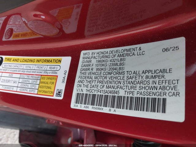 Продаж на аукціоні авто 2025 Honda Accord Se, vin: 1HGCY1F41SA046845, номер лоту: 46045092