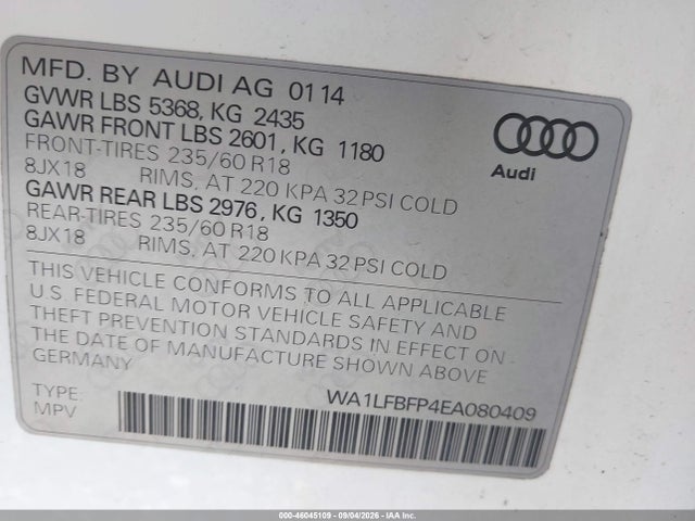 Продаж на аукціоні авто 2014 Audi Q5 2.0t Premium, vin: WA1LFBFP4EA080409, номер лоту: 46045109