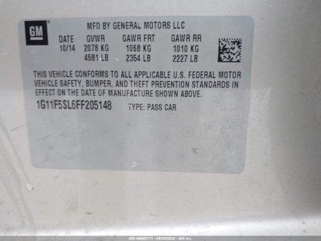 Продаж на аукціоні авто 2015 Chevrolet Malibu 1lz, vin: 1G11F5SL6FF205148, номер лоту: 46045111