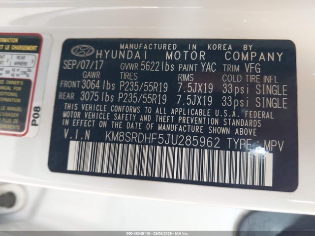 Aukcja sprzedaży 2018 Hyundai Santa Fe Se Ultimate, vin: KM8SRDHF5JU285962, numer aukcji: 46045110