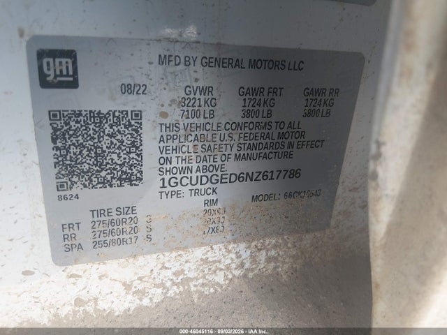 Aukcja sprzedaży 2022 Chevrolet Silverado 1500 4wd  Short Bed Ltz, vin: 1GCUDGED6NZ617786, numer aukcji: 46045116