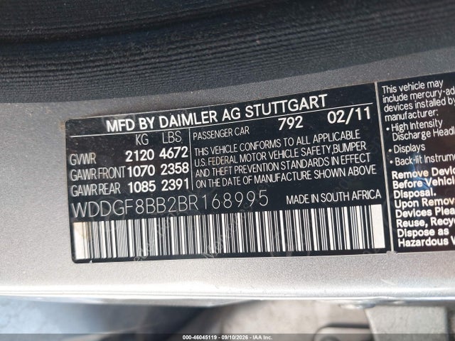 46045119 :رقم المزاد ، WDDGF8BB2BR168995 vin ، 2011 Mercedes-benz C 300 Luxury 4matic مزاد بيع