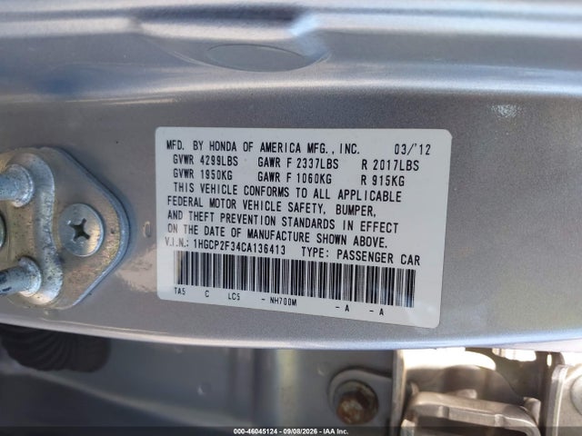 Продаж на аукціоні авто 2012 Honda Accord 2.4 Lx, vin: 1HGCP2F34CA136413, номер лоту: 46045124