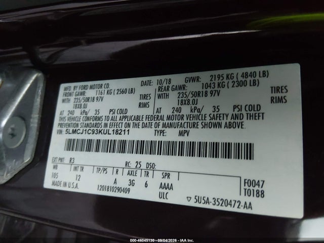 2019 Lincoln Mkc Standard მანქანა იყიდება აუქციონზე, vin: 5LMCJ1C93KUL18211, აუქციონის ნომერი: 46045130